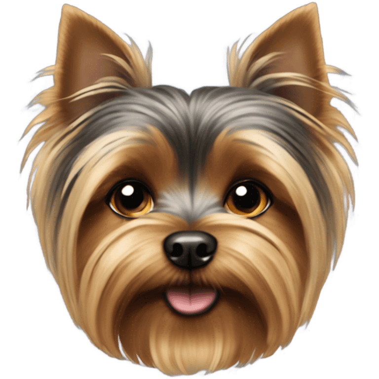 A small Yorkshire Terrier with fluffy golden-brown fur, black back, round face, perky ears, dark eyes, a small nose, and often a top bow or hair tie. emoji