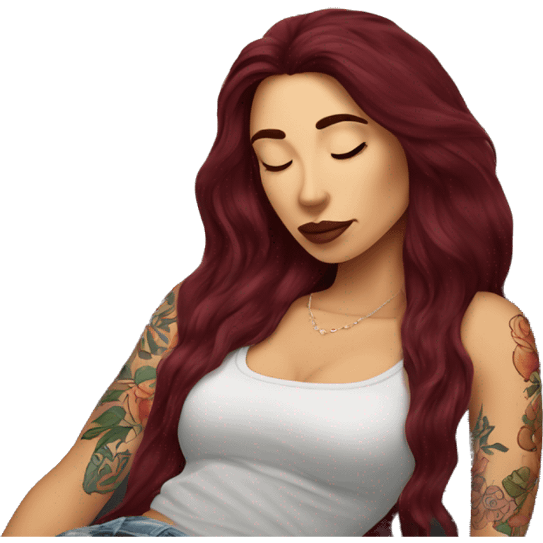 Beautiful tattooed burgundy long haired woman napping on sofa emoji