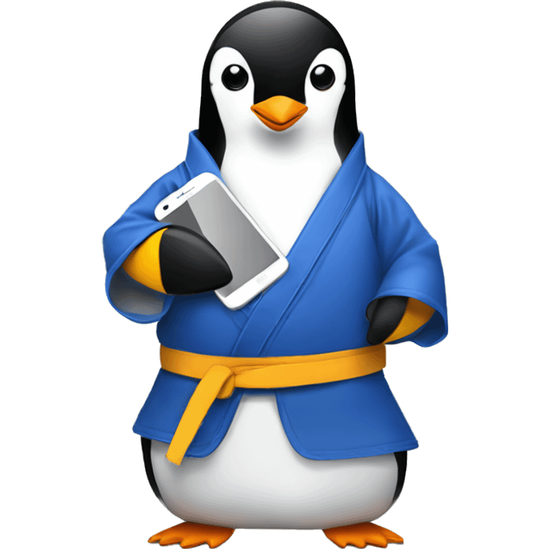 A penguin wearing sunglasses holding a cell phone in a jiu-jitsu kimono  emoji