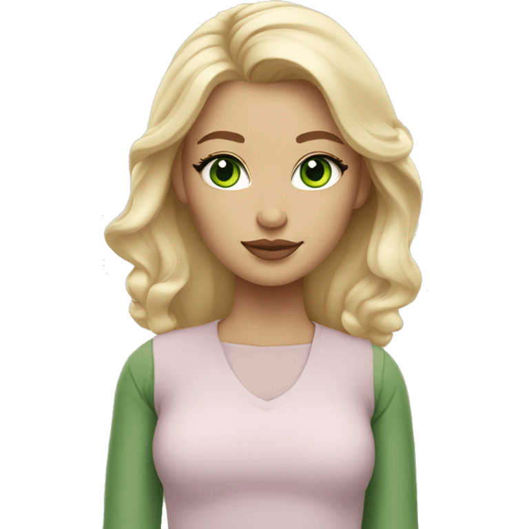 blonde with green eyes, natural makeup and pastel shades in clothes emoji