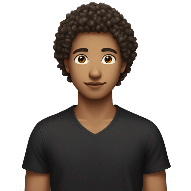 A young man with a curly haircut is seen in the image wearing a black shirt. The man appears to be around 23 years old and is identified as male. The man's curly hair adds texture to his overall appearance. emoji