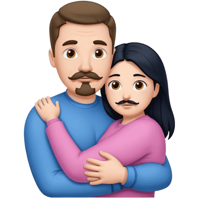 Tall strong white man with brown mustache goatee wearing blue hugging a chubby short pale woman with long black hair wearing pink emoji