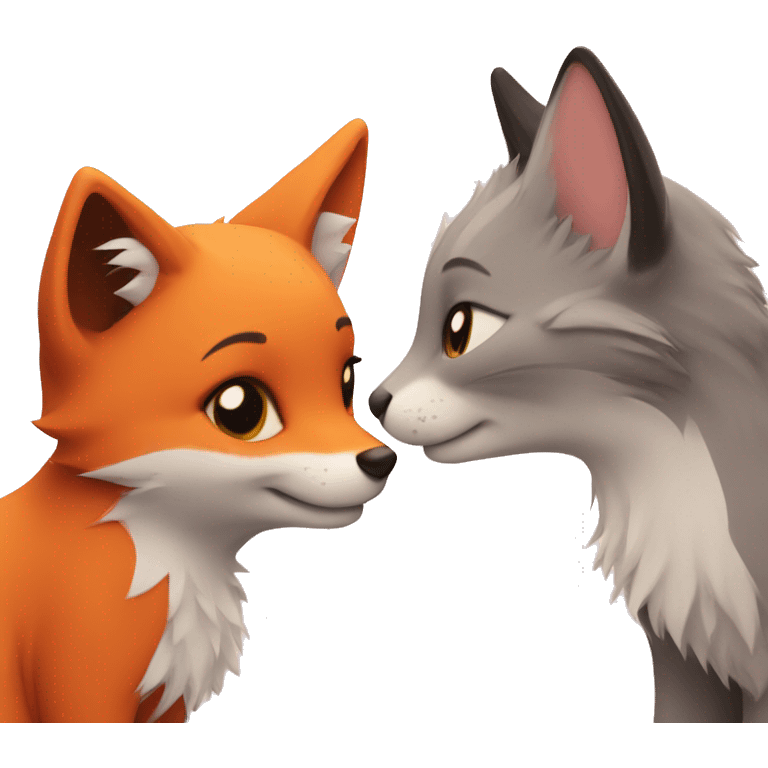 Cute little fox and cute little cat in love emoji