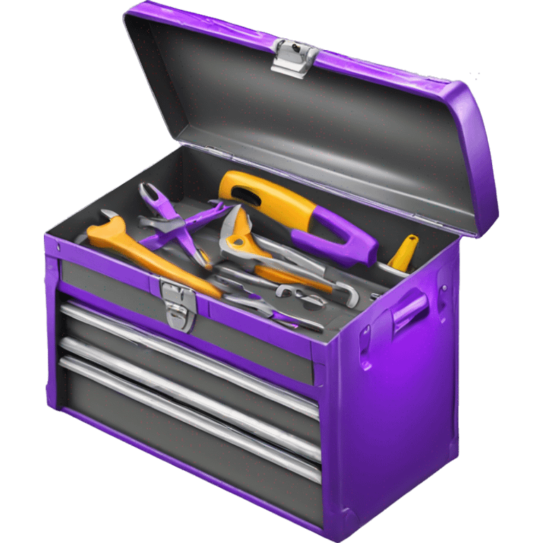 Realistic metallic purple tool box with top open and purple tools inside of it isolated.  emoji