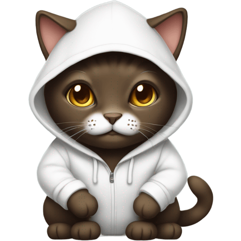 Dark brown cat wearing a white hoodie  emoji