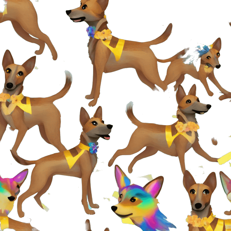  brindle brown black maroon striped lurcher Alsatian fox running blue eyes and iridescent holographic oilslick harness wearing paper iridescent tropical flower crown yellow caution tape emoji