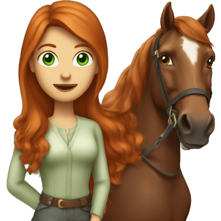 long-haired redhead woman with green eyes, on a horse back riding emoji