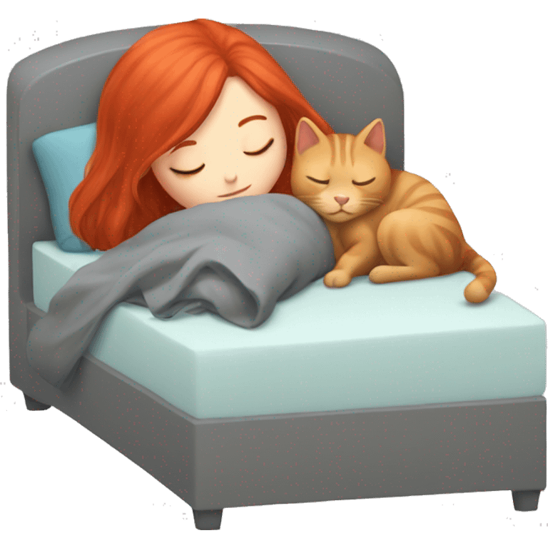 Girl with red hair sleeping next to a GRAY cat emoji