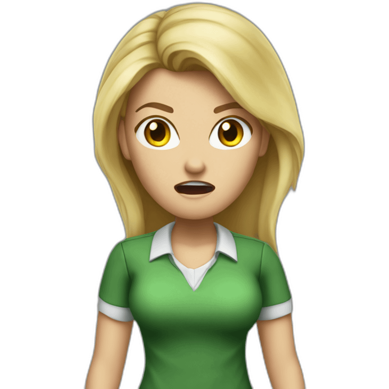 front view angry woman teacher long blonde hair dark eyes green shirt no glasses yelling emoji