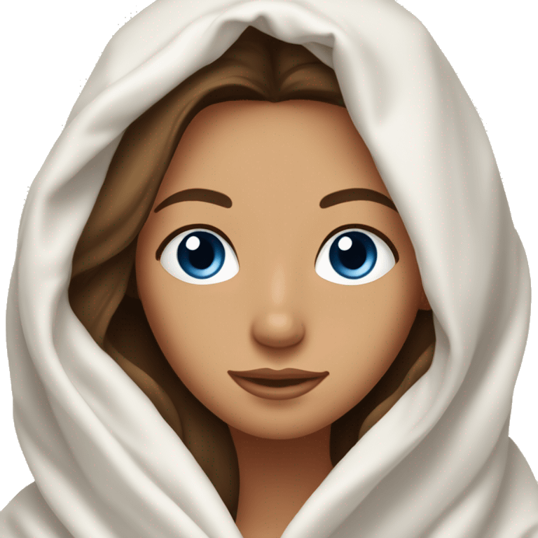 Beautiful brunette with long hair, slightly tan skin, and blue eyes, snuggled up in a warm white blanket, wearing golden earrings. emoji