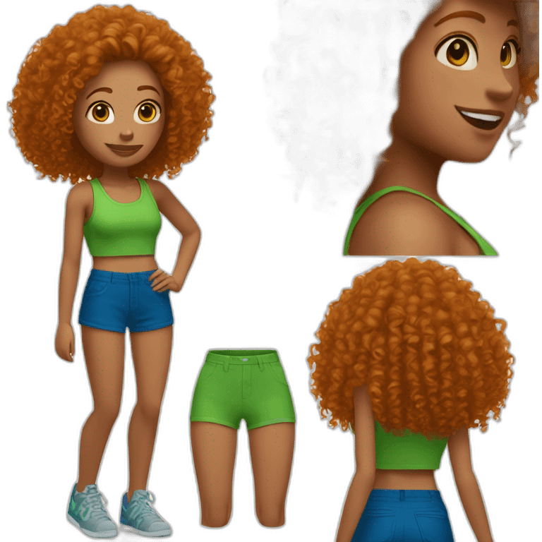 Curly Ginger woman, green crop top, blue shorts emoji