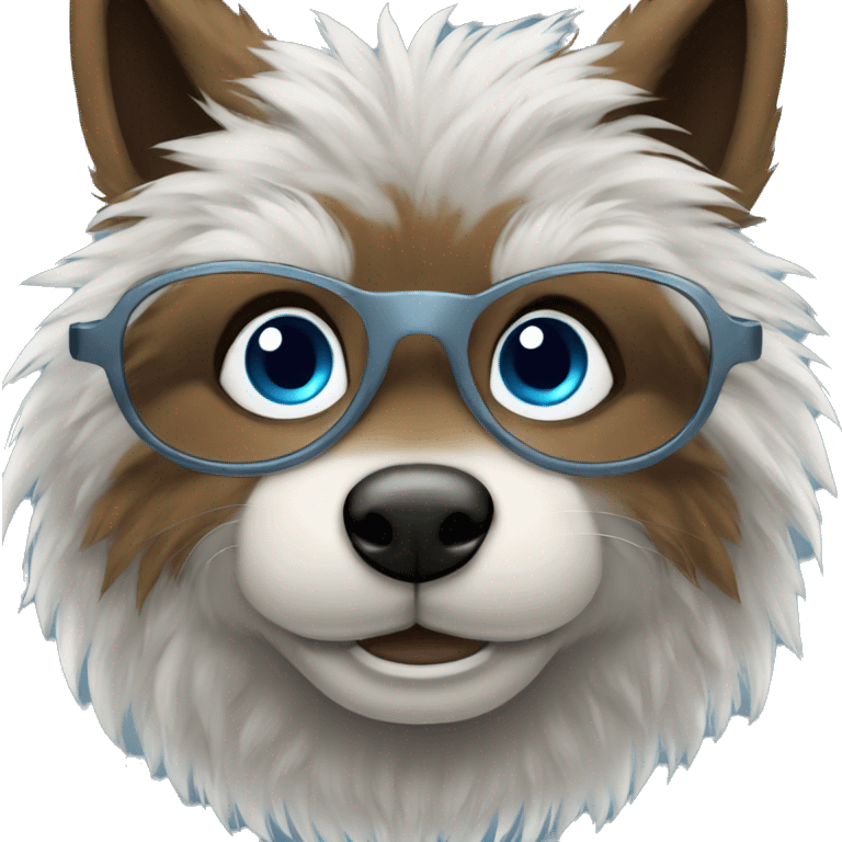 big brown furry wolf boy with blue eyes wearing round silver glasses emoji