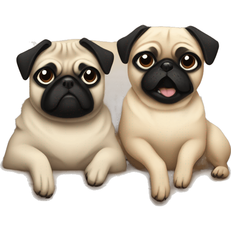 Two pugs , one beige , one black, all cozy lounging on the couch. Winter cozy girly aesthetic emoji