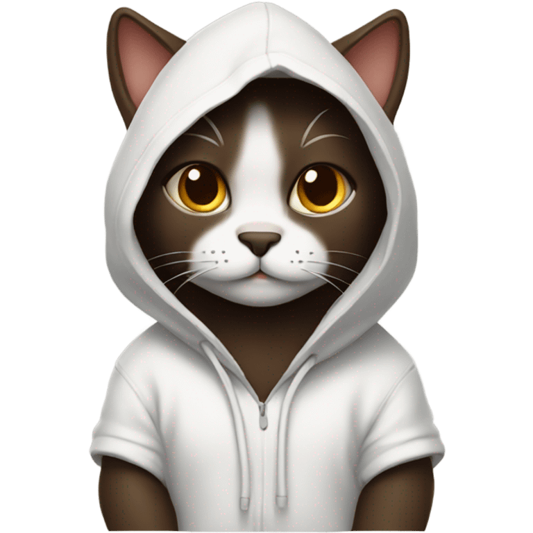 Dark brown cat wearing a white hoodie  emoji