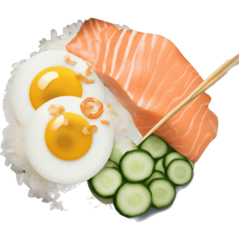 Bowl with rice, smoked salmon, egg, cucumber salad and sriracha and sesame seeds with chopsticks next to it  emoji