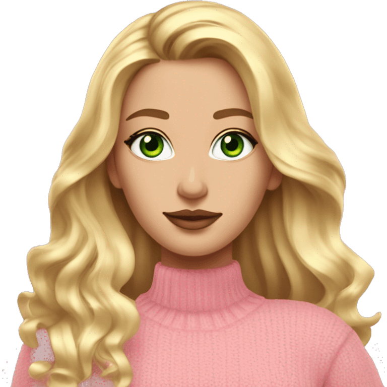 White girl pink sweater pink lipstick green eyes gold earrings pink nails golden wavy long hair full body emoji