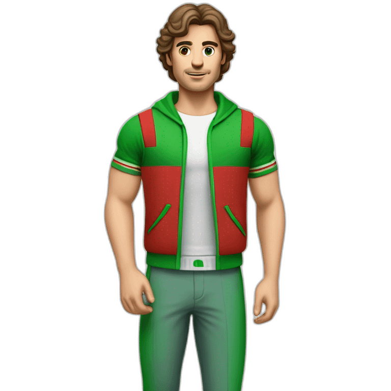 retro 70s red and green gym clothes for a modern white brunette uni male student emoji