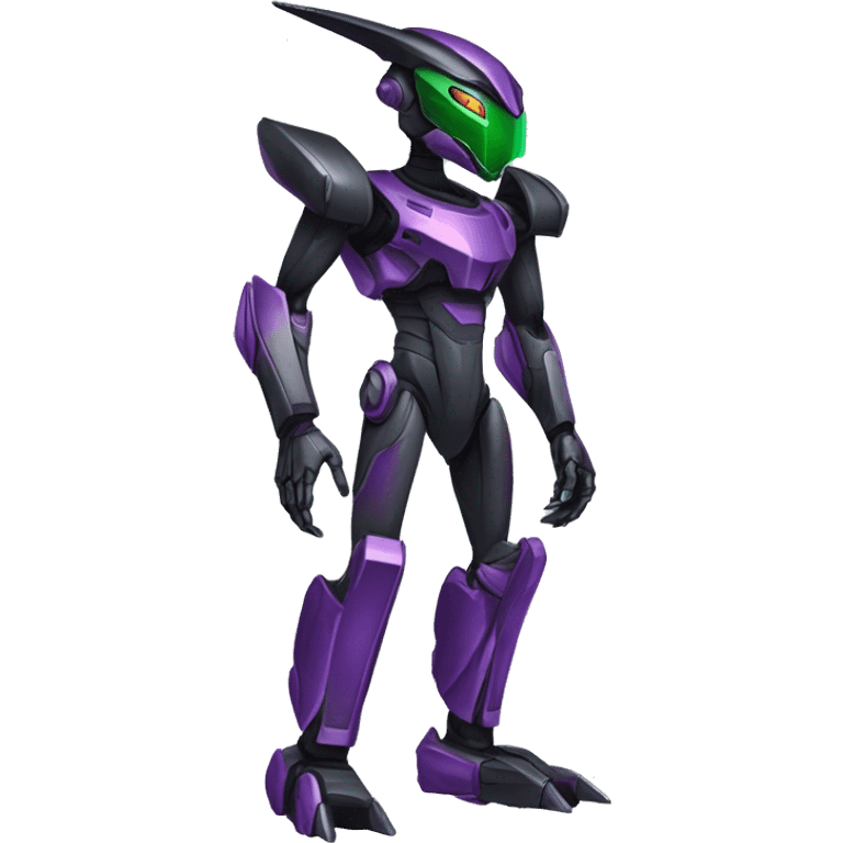 a shiny black-green-purple Genesect-Raptor-Fakémon-Medabot-hybrid with a futuristic visor-helmet full body emoji