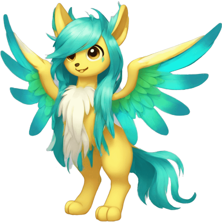 Anthro Sona Cool Cute Colorful Shy Winged Shiny Fakemon-Fantasy-Creature With Long Hair-Mane Full Body emoji