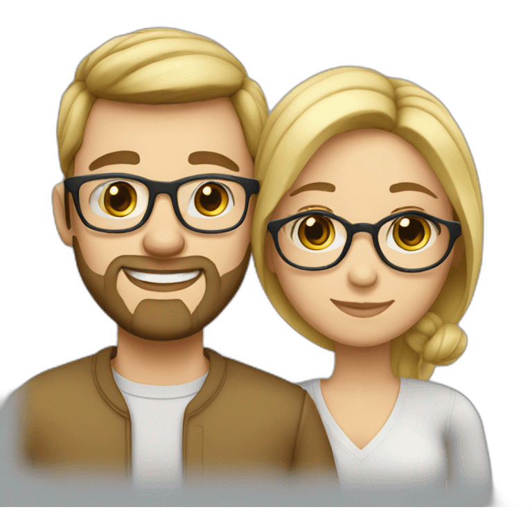 Couple in love. She has blue eyes and wears glasses. He has short blond hair, three-day beard and wears glasses. emoji