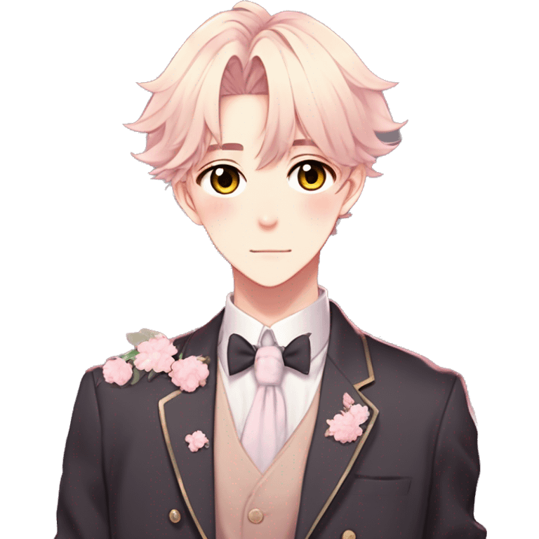 Gorgeous romantic hot attractive anime style modern gentlemanly anime shojo guy with pretty hair and flower petals and blushing face aesthetic trending style  pastelcore cottagecore kawaiicore emoji