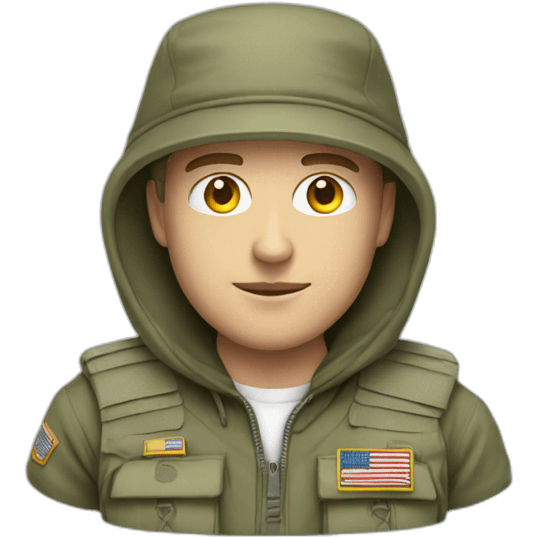 white guy with militay print hat and white hoodie and pants emoji