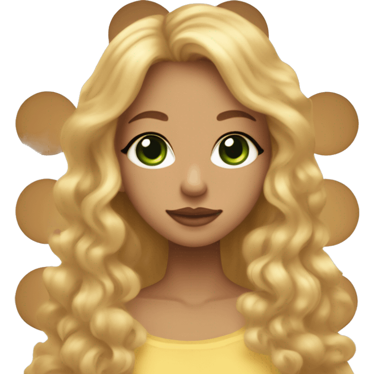 A girl with green eyes,long eyelashes, a cupids bow shaped type lips,golden honey brown hair,a small dot on her cheek,skinny,& has light skin tone, emoji