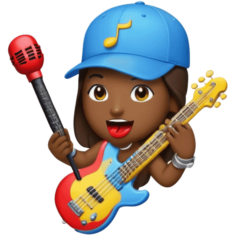 Create a dynamic and fun emoji that represents beatboxing. The design should feature a microphone with a cap placed on top, with large lips peeking out from underneath. From the lips, bass clefs and various musical instruments (like a guitar, drumstick, and keyboard) should be flying out, symbolizing the diversity and rhythm of beatboxing. Use vibrant colors like neon blue, red, and yellow to convey the energy and creativity of this vocal art form. The background should be transparent. emoji