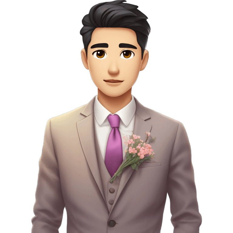 Gorgeous romantic anime style Asian formal modern gentlemanly guy with flowers and blushing face aesthetic trending style outside with colorful gradient colors emoji