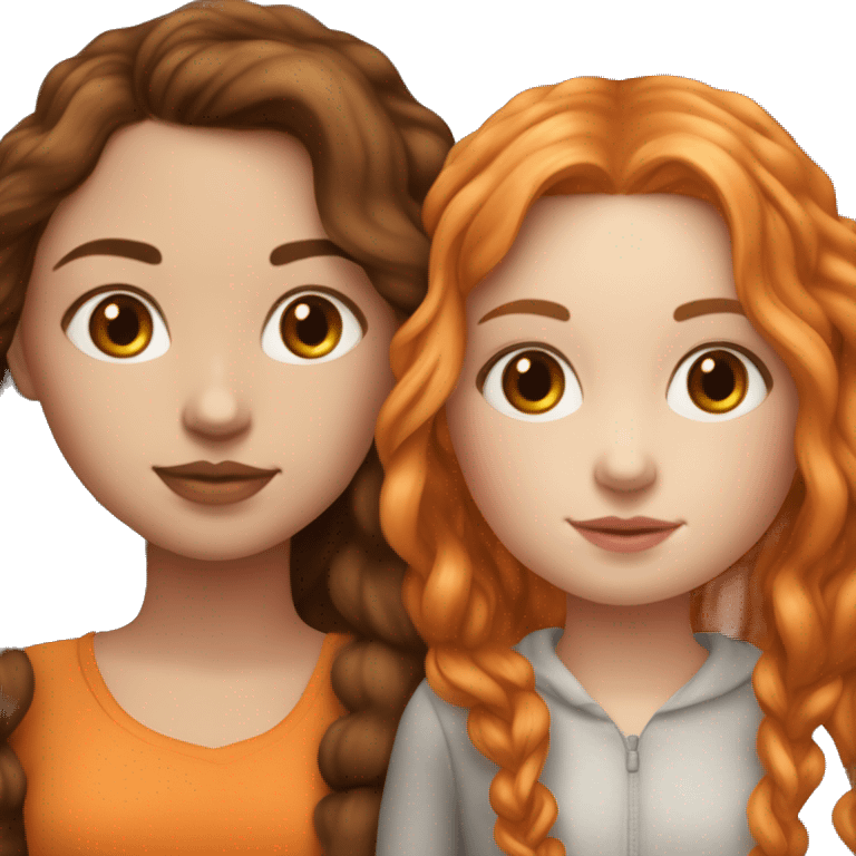 serene two white girls. one has mid length dark brown hair and the other has long orange hair. standing together and kissing in gentle light. calm and content. hyper-realistic soft textures fine details glow on skin emoji