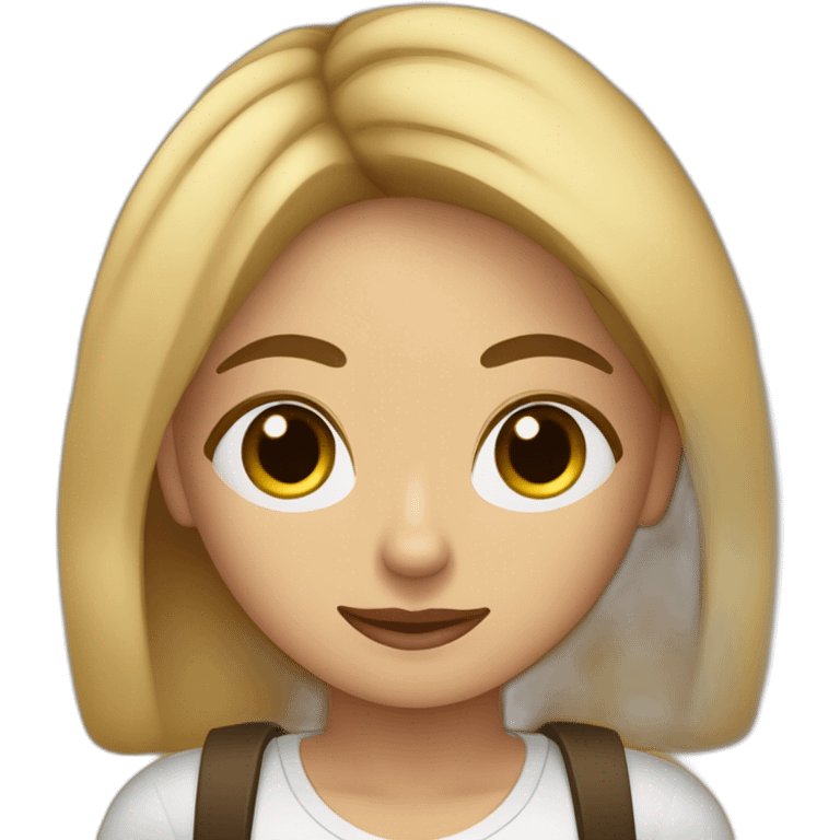 mujer rubia de pelo corto y ojos marrones con su perro pequeño negro y marrón en brazos emoji