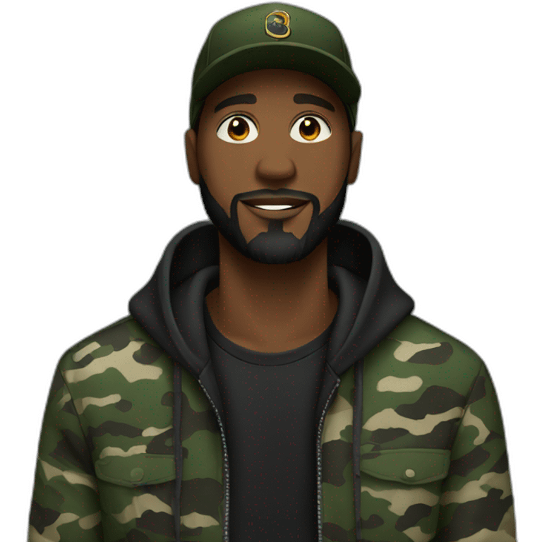 black man with a beard,camo hat, black hoodie emoji