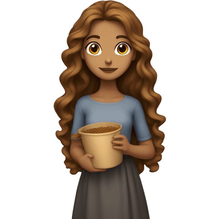 tan girl with long wavy brown hair, holding a calico vat emoji