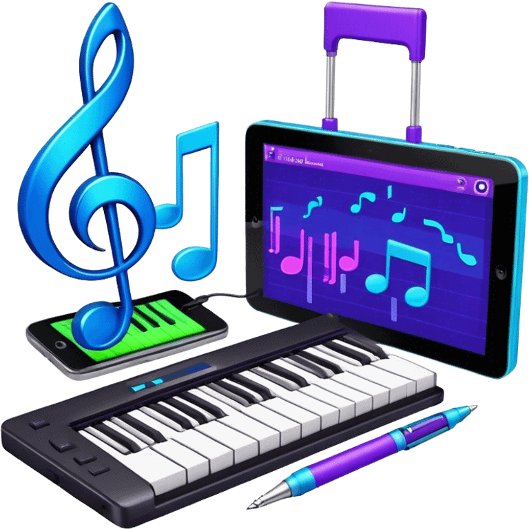 Create a creative and inspiring emoji that represents writing music tracks. The design should feature musical notes, a pen or pencil, and a digital audio workstation (DAW) interface or a computer screen with a visible waveform, symbolizing the process of composing and arranging a track. Add elements like a metronome or a pair of headphones to reflect the recording and editing aspects. Use vibrant colors like electric blue, purple, or neon green to represent creativity and innovation in music production. The background should be transparent. emoji