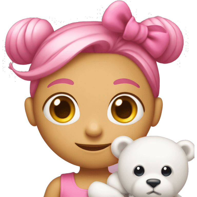 a pink monster with a BIG pink bow on the side of her head with a dress and holding a white teddy  bear’s be emoji