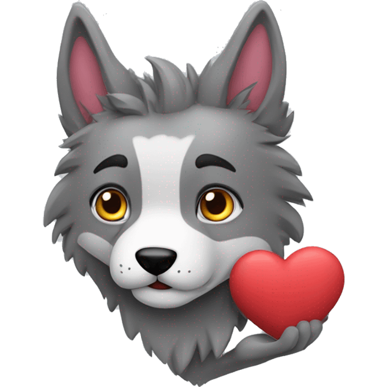 Lobo gris con un corazón en la mano  emoji