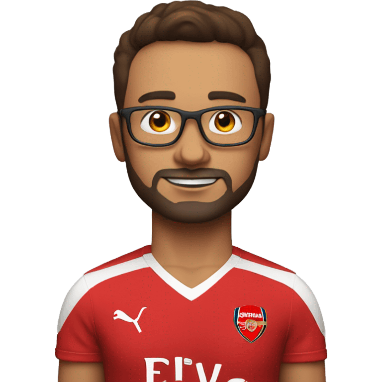 man. mid 30 age, arsenal shirt all red, glasses, short brown hair, no facial hair,  arms up emoji