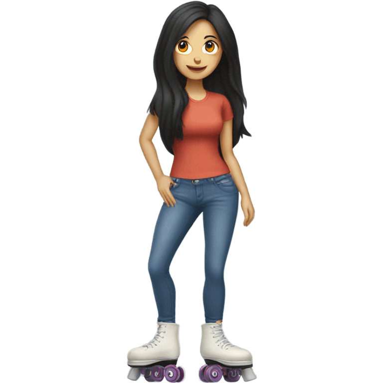 A Caucasian woman with black hair wearing jeans on roller skates cooking pancakes emoji