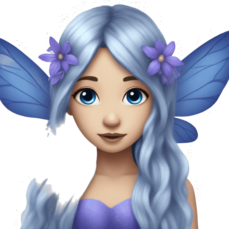 Beautiful, blue flower, fairy, blue, silver, purple, long hair, big wings emoji