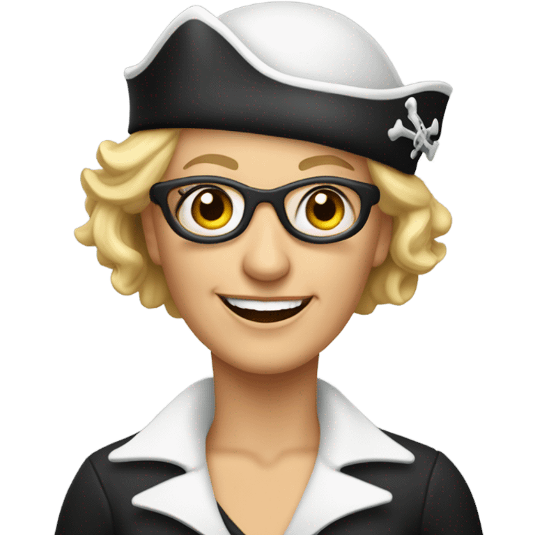 smiling older white woman with eye patch and earrings and short blond hair wearing  pirate hat emoji