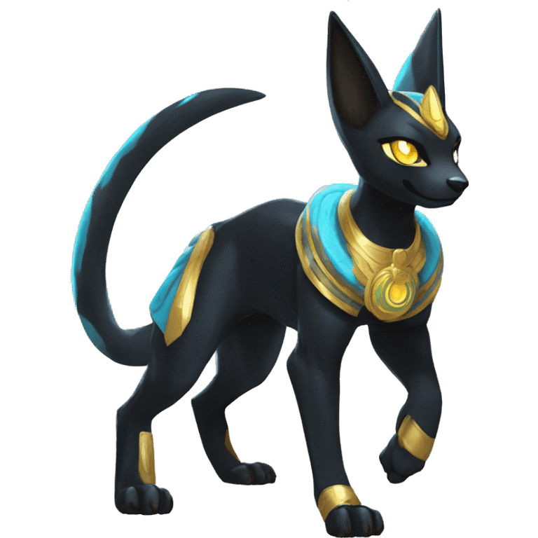 Black godly overpowered ethereal majestic Egyptian Lucario-Umbreon-Cat. Golden Anubis-Rings and yellow ring-markings. Full body emoji