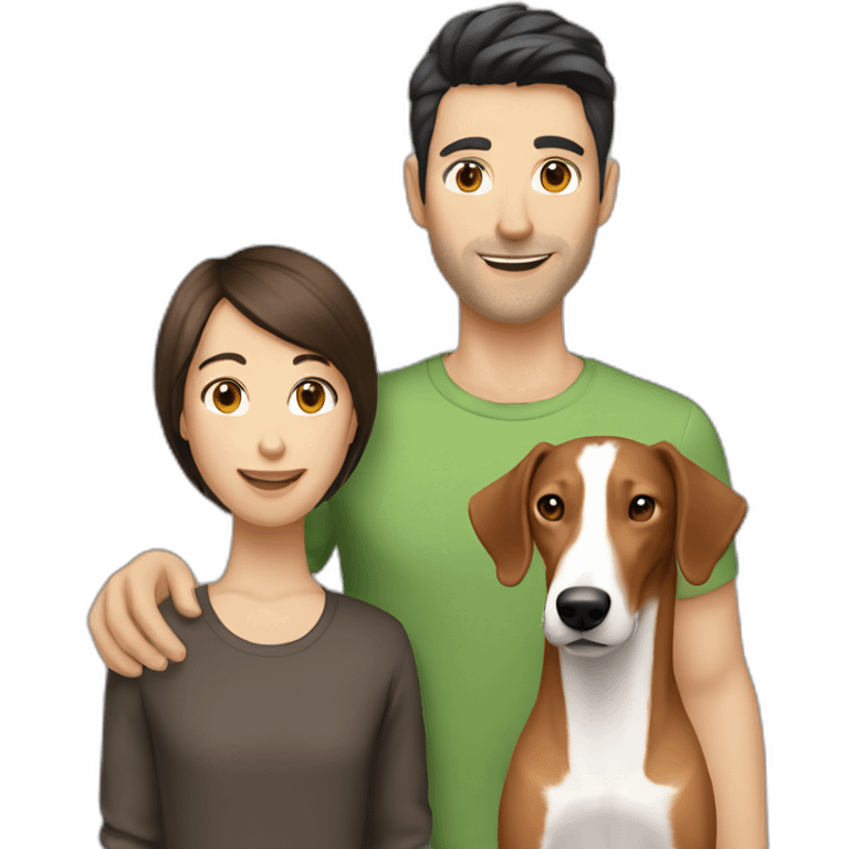 Human white dark hair and brown straight hair gay couple with a podenco emoji