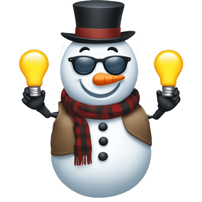 snowman  with sunglasses and vest. Stick arms holding light bulb emoji