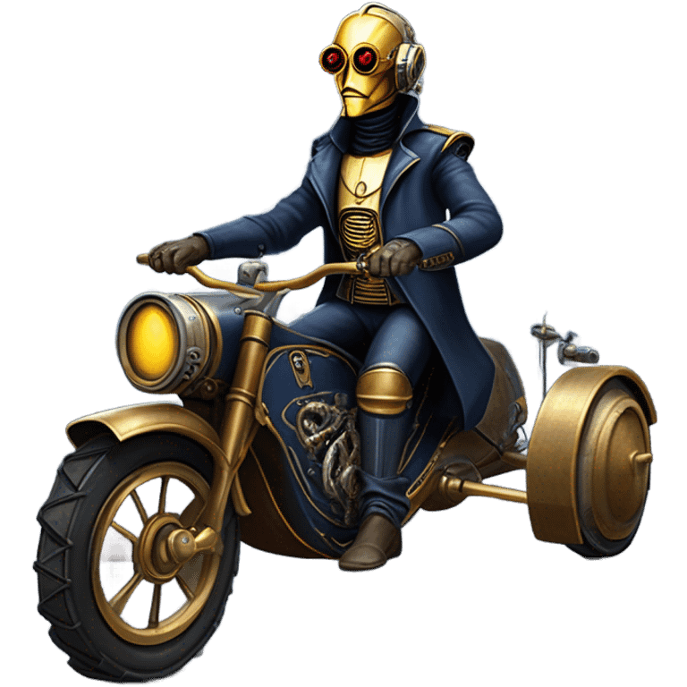 Bounty hunter C-3PO Jedi wearing a pair of navy-blue rimmed steampunk goggles, hat, leather chaps, fringe jacket riding a relaxed sci-fi 3 wheeler reverse-trike steampunk rat rod motorcycle with large fenders and saddlebags in desert town  emoji