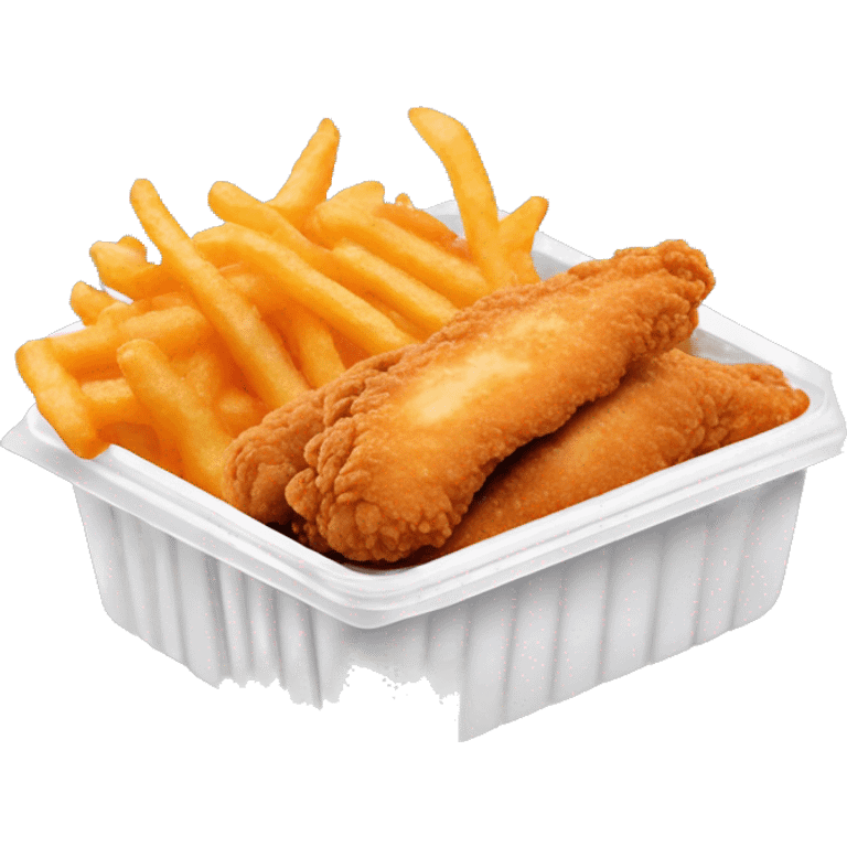 3 chicken tenders with crinkle fries and orange sauce on the side in a styrofoam container styrofoam container emoji