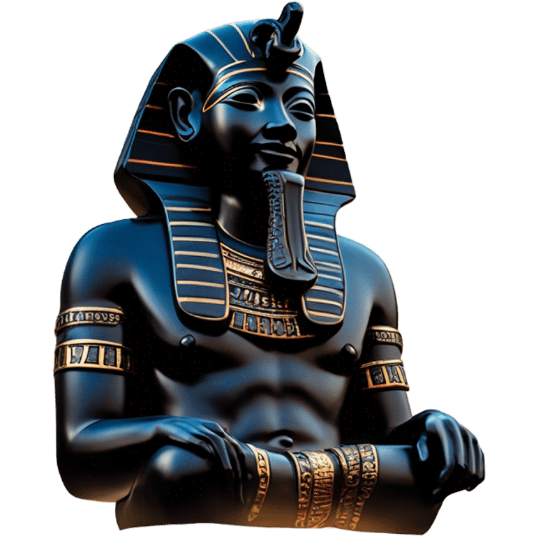 Osiris obsidian statue on granite 30 ton brick, massive size, sunlight behind, sunset colors, reflections on black stone polished clean perfect, photography angles emoji