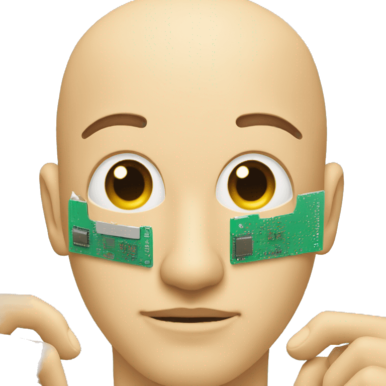 a man with half of his face tilted to the side, and microchips a inside emoji