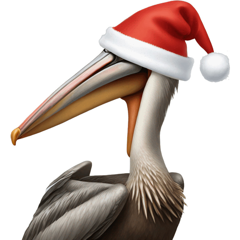 Brown pelican wearing a Santa hat emoji