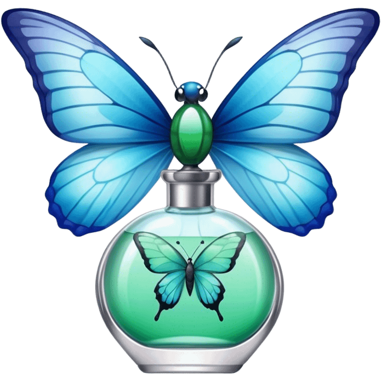 A glass perfume bottle with a soft blue ribbon tied around its neck, with a green and blue butterfly nearby. emoji