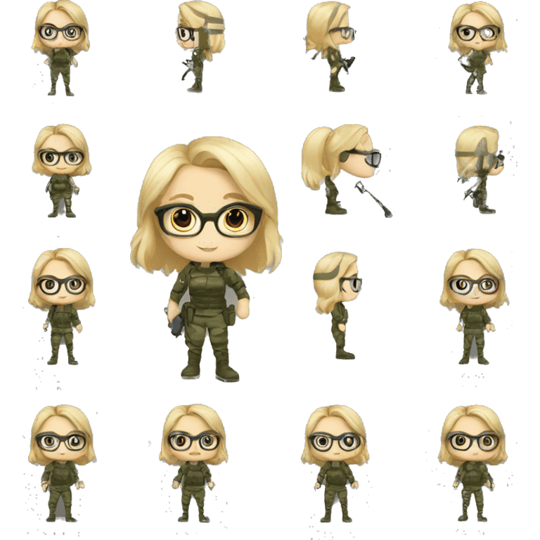 girl, 30 year, blondish/greyish, glasses with small frame, full body, army, ready to fight, with dog emoji